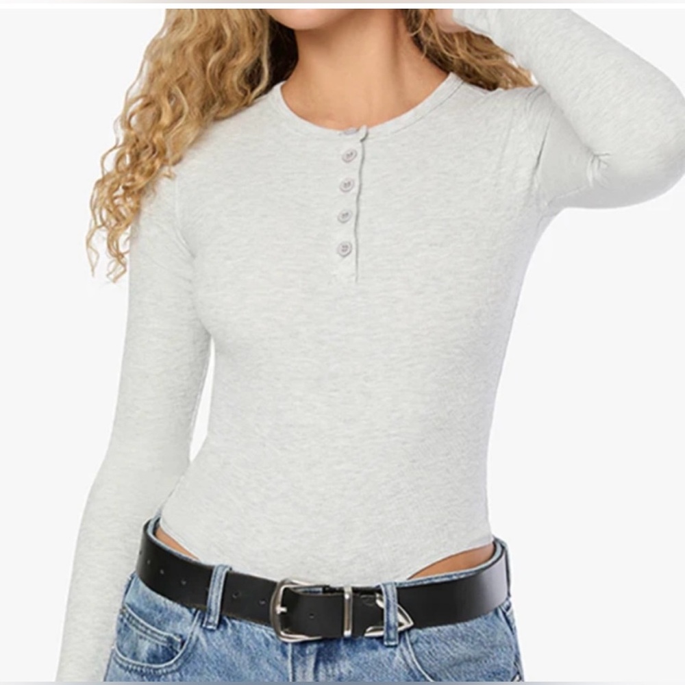 We Wore What Crew Neck Henley Bodysuit Gray Size Large